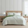 Martha Stewart – Queen Size Quilt Set, Soft & Smooth Sateen Bedding with a Light and Breathable Feel, 3 Piece Bed Set with Matching Pillowcases (Fern Embroidery Grey)(Ticking Stripe Green)