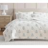 Martha Stewart – Queen Size Quilt Set, Soft & Smooth Sateen Bedding with a Light and Breathable Feel, 3 Piece Bed Set with Matching Pillowcases (Fern Embroidery Grey)(Flower Block Blue)
