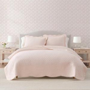 Martha Stewart – Queen Size Quilt Set, Soft & Smooth Sateen Bedding with a Light and Breathable Feel, 3 Piece Bed Set with Matching Pillowcases (Fern Embroidery Grey)(Vintage Scallop Pink)