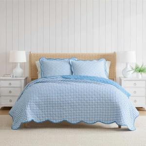 Martha Stewart – Queen Size Quilt Set, Soft & Smooth Sateen Bedding with a Light and Breathable Feel, 3 Piece Bed Set with Matching Pillowcases (Fern Embroidery Grey)(Olivia Gingham Blue)