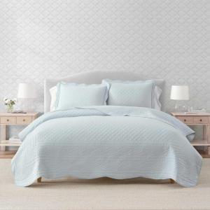 Martha Stewart – Queen Size Quilt Set, Soft & Smooth Sateen Bedding with a Light and Breathable Feel, 3 Piece Bed Set with Matching Pillowcases (Fern Embroidery Grey)(Vintage Scallop Blue)