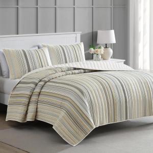 Martha Stewart – Queen Size Quilt Set, Soft & Smooth Sateen Bedding with a Light and Breathable Feel, 3 Piece Bed Set with Matching Pillowcases (Fern Embroidery Grey)(Lefferts Stripe)