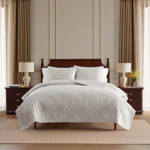 Martha Stewart – Queen Size Quilt Set, Soft & Smooth Sateen Bedding with a Light and Breathable Feel, 3 Piece Bed Set with Matching Pillowcases (Fern Embroidery Grey)(Fern Embroidery Grey)