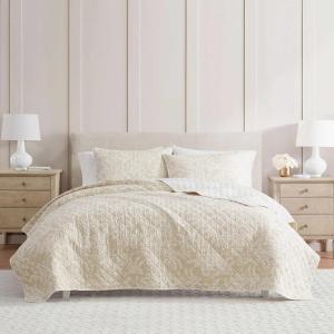 Martha Stewart – Queen Size Quilt Set, Soft & Smooth Sateen Bedding with a Light and Breathable Feel, 3 Piece Bed Set with Matching Pillowcases (Fern Embroidery Grey)(Layered Branches Beige)