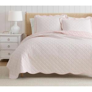 Martha Stewart – Queen Size Quilt Set, Soft & Smooth Sateen Bedding with a Light and Breathable Feel, 3 Piece Bed Set with Matching Pillowcases (Fern Embroidery Grey)(Olivia Gingham Pink)