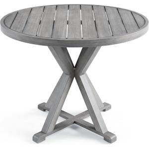 Martha Stewart Bedford 36″ Round Indoor-Outdoor Aluminum Patio Dining Table with Trestle Base, Accommodates up to 4 Adults, Brushed Brown Woodgrain Finish(Grey)