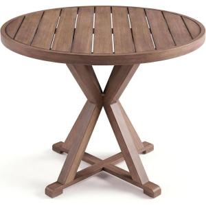 Martha Stewart Bedford 36″ Round Indoor-Outdoor Aluminum Patio Dining Table with Trestle Base, Accommodates up to 4 Adults, Brushed Brown Woodgrain Finish(Brown)