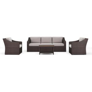 Martha Stewart Bedford 4-Piece Indoor-Outdoor Conversation Set with Sofa, 2 Accent Chairs, and Coffee Table in Gray Rattan Wicker with Gray All-Weather Cushions(Tan Cushions/Brown Frame)