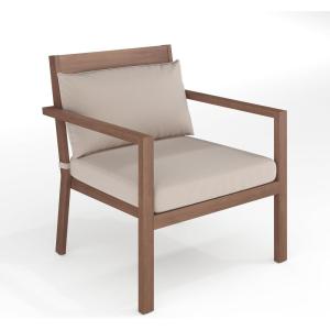 Martha Stewart Bedford Indoor-Outdoor Aluminum Patio Accent Chairs with Brushed Woodgrain Finish in Gray and Gray All-Weather Cushions, Set of 2(Brown)