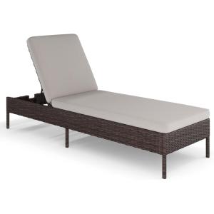 Martha Stewart Bedford Indoor-Outdoor Patio Chaise Lounge Chair with Adjustable Back and Rattan Wicker Finish in Gray with Gray All-Weather Cushions(Brown)