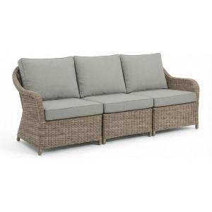 Martha Stewart Lily Pond Indoor-Outdoor 3-Seat Patio Sofa in Weathered Gray Rattan Wicker, All-Weather Gray Back and Seat Cushions, 300 Lb. Static Weight Per Seat