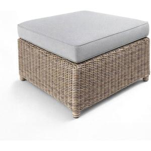 Martha Stewart Lily Pond Rattan Wicker Indoor-Outdoor Patio Ottoman in Weathered Gray with 4″ Gray Olefin Cushion, Steel Frame and Zippered Removable Cushion Cover
