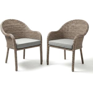 Martha Stewart Lily Pond Set of 2 Indoor-Outdoor Weathered Gray Rattan Wicker Patio Dining Armchairs, Gray Seat Cushions, Stacks Up to 8 High, 300 Lb. Static Weight(Set of 2)