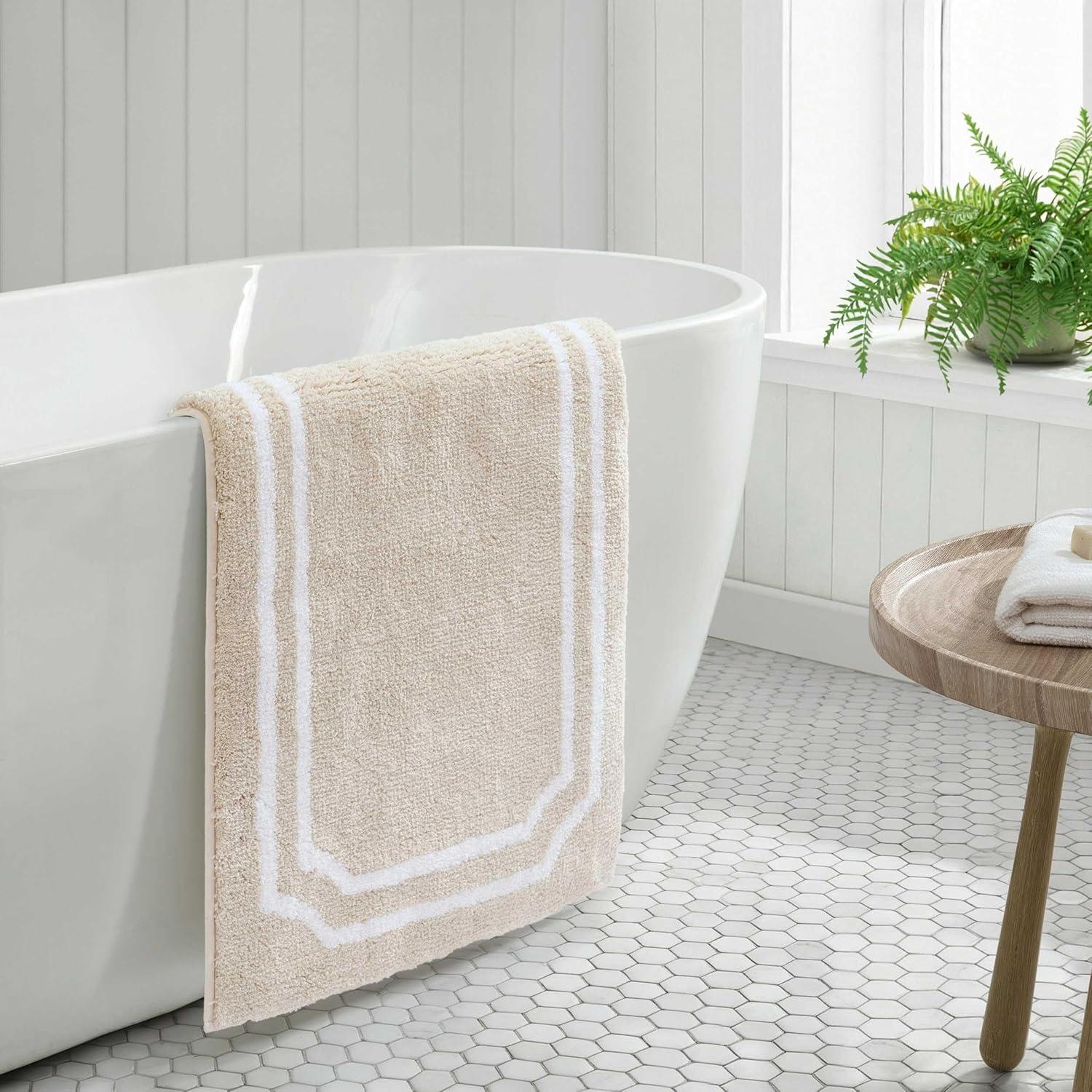 image:imageMartha Stewart Bath Rug Plush 100 YarnDye Knit Rug Soft Cushioned Feel Bathroom Rug with SkidResistant Latex Rubber Backing Skylands Border LinenWhite 60 x 22Skylands Border LinenWhite