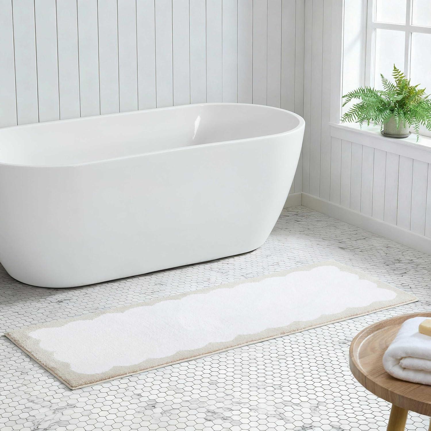 image:imageMartha Stewart Bath Rug Plush 100 YarnDye Knit Rug Soft Cushioned Feel Bathroom Rug with SkidResistant Latex Rubber Backing Skylands Border LinenWhite 60 x 22Bedford Scallop WhiteLinen