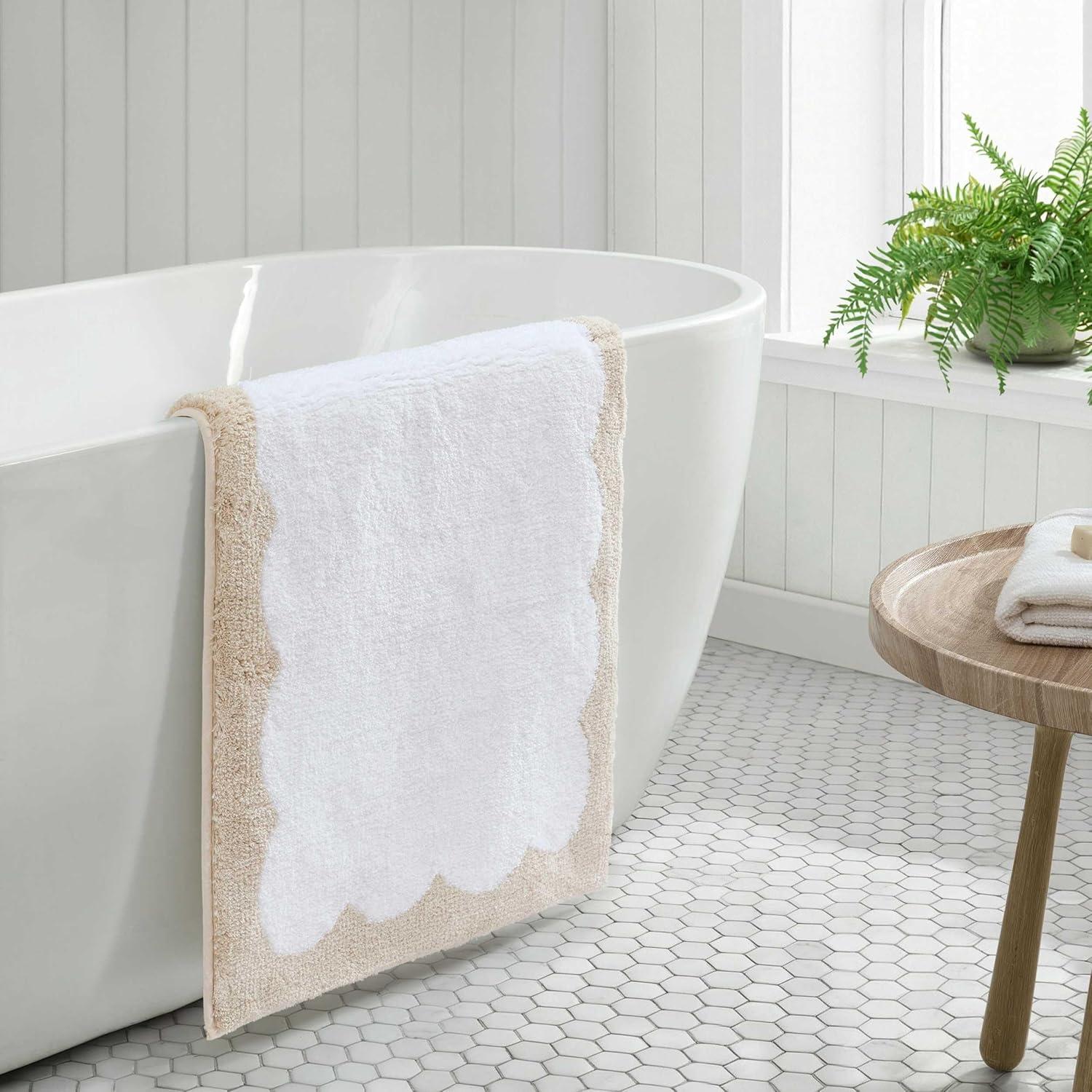 image:imageMartha Stewart Bath Rug Plush 100 YarnDye Knit Rug Soft Cushioned Feel Bathroom Rug with SkidResistant Latex Rubber Backing Skylands Border LinenWhite 60 x 22Bedford Scallop WhiteLinen
