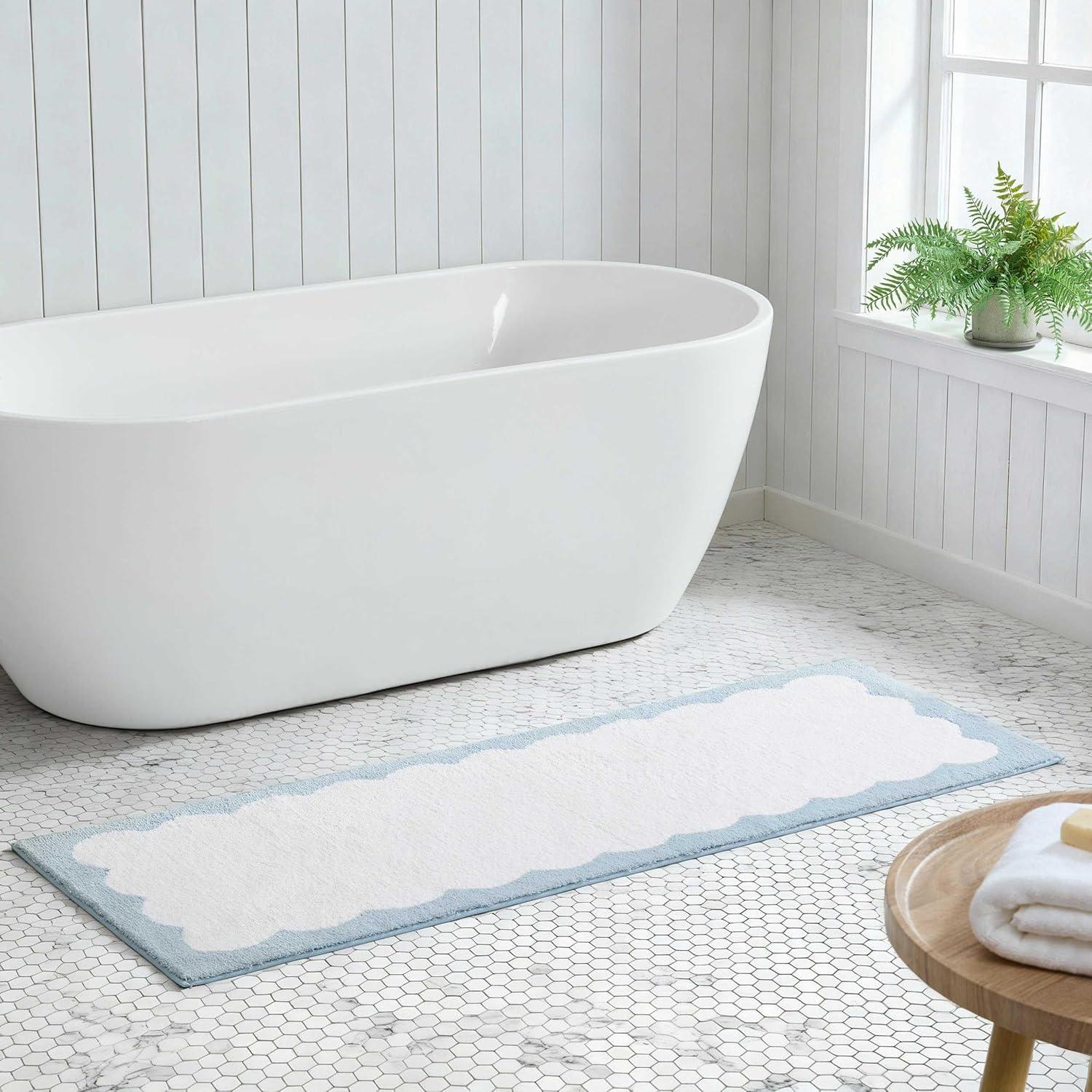 image:imageMartha Stewart Bath Rug Plush 100 YarnDye Knit Rug Soft Cushioned Feel Bathroom Rug with SkidResistant Latex Rubber Backing Skylands Border LinenWhite 60 x 22Bedford Scallop WhiteBlue Bell