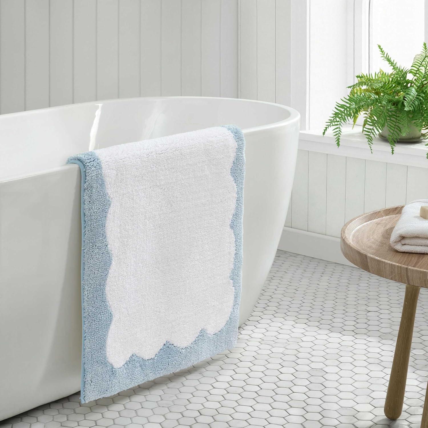 image:imageMartha Stewart Bath Rug Plush 100 YarnDye Knit Rug Soft Cushioned Feel Bathroom Rug with SkidResistant Latex Rubber Backing Skylands Border LinenWhite 60 x 22Bedford Scallop WhiteBlue Bell