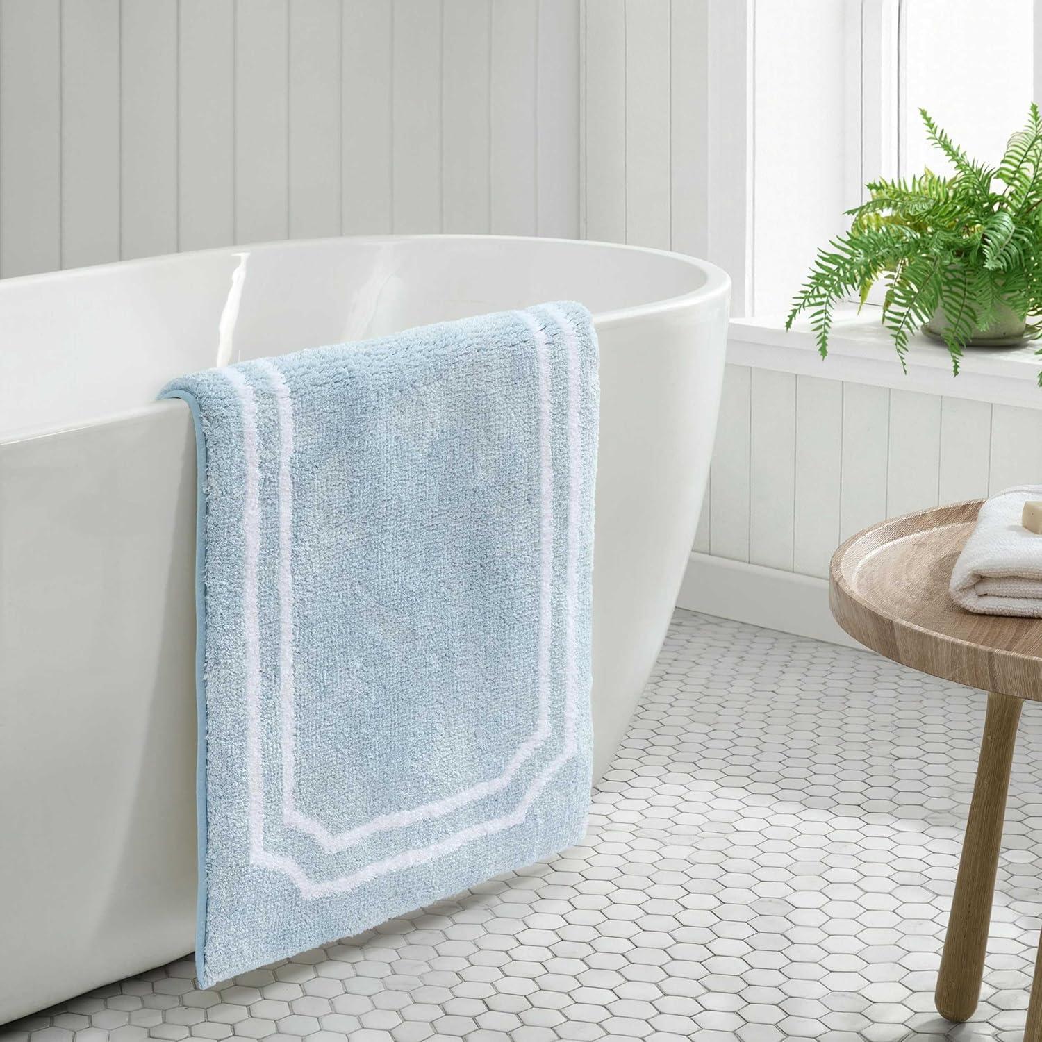 image:imageMartha Stewart Bath Rug Plush 100 YarnDye Knit Rug Soft Cushioned Feel Bathroom Rug with SkidResistant Latex Rubber Backing Skylands Border LinenWhite 60 x 22Skylands Border Blue BellWhite