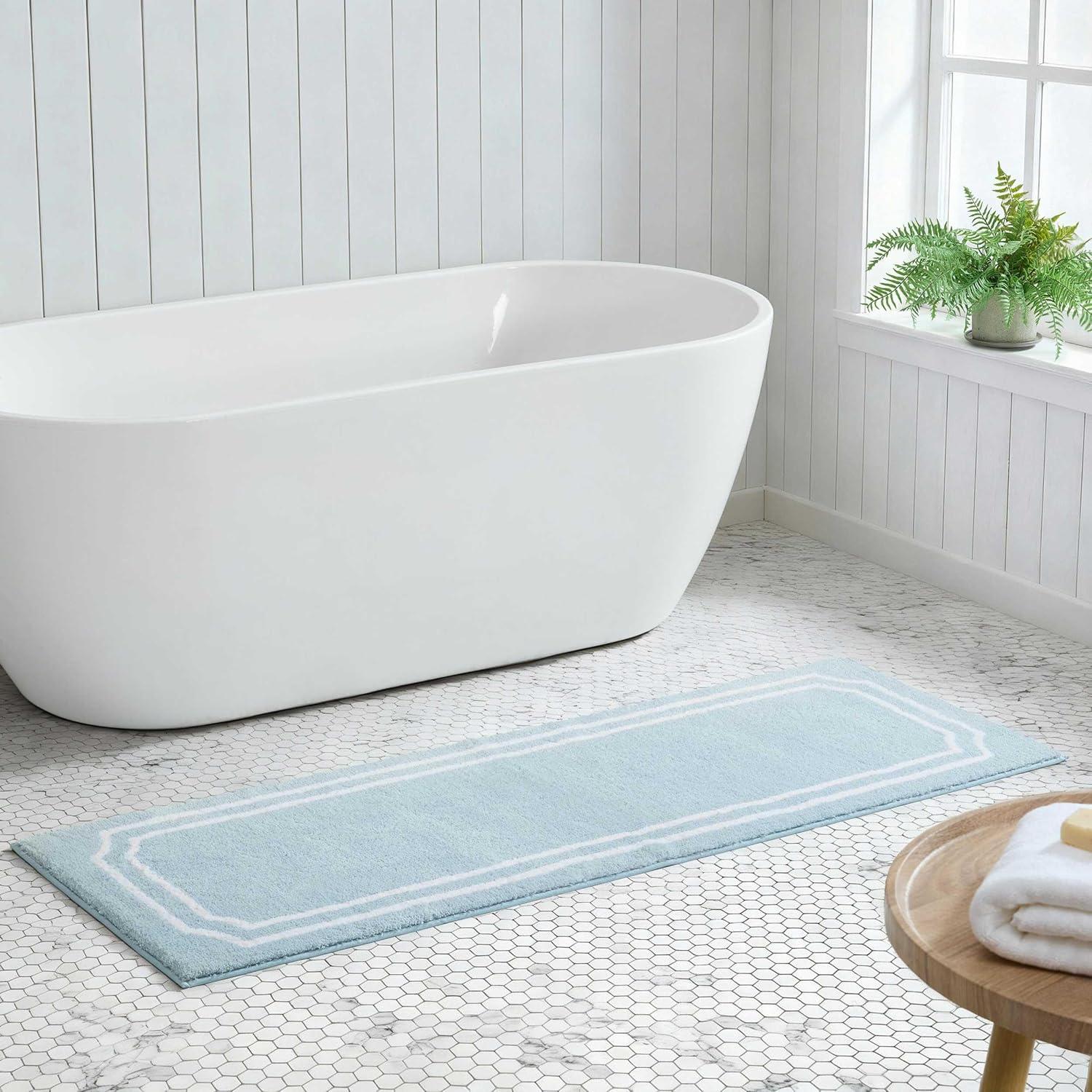 image:imageMartha Stewart Bath Rug Plush 100 YarnDye Knit Rug Soft Cushioned Feel Bathroom Rug with SkidResistant Latex Rubber Backing Skylands Border LinenWhite 60 x 22Skylands Border Blue BellWhite