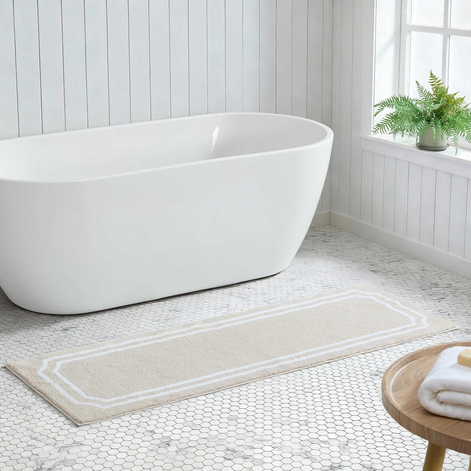 image:imageMartha Stewart Bath Rug Plush 100 YarnDye Knit Rug Soft Cushioned Feel Bathroom Rug with SkidResistant Latex Rubber Backing Skylands Border LinenWhite 60 x 22Skylands Border LinenWhite