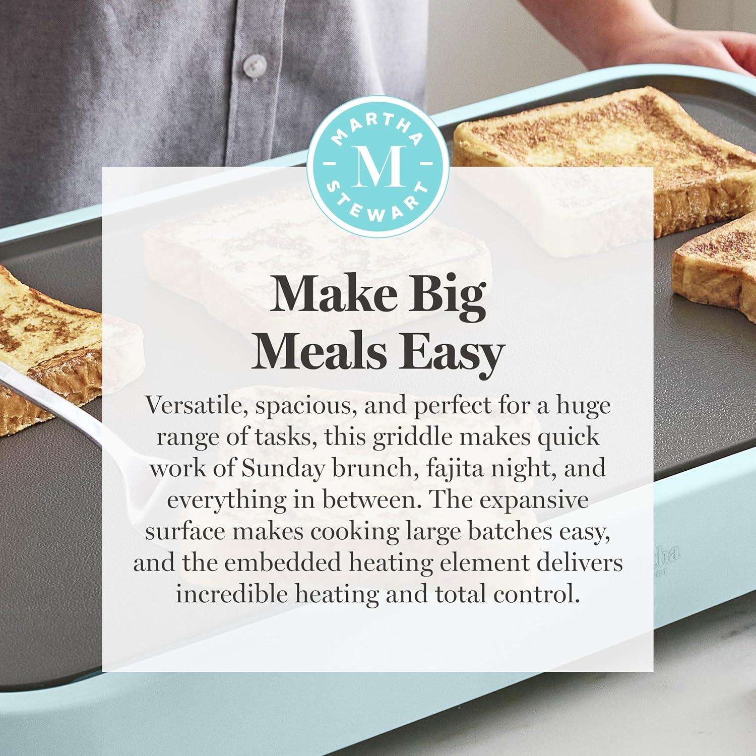 image:imageMartha Stewart 12 x 22 Electric Griddle XL Ceramic NonstickFlat Top Cooking Surface Adjustable Temperature Dial Drip Tray Dishwasher Safe 1500W Fast Even Heating Pancakes amp Eggs Linen WhiteSky Blue