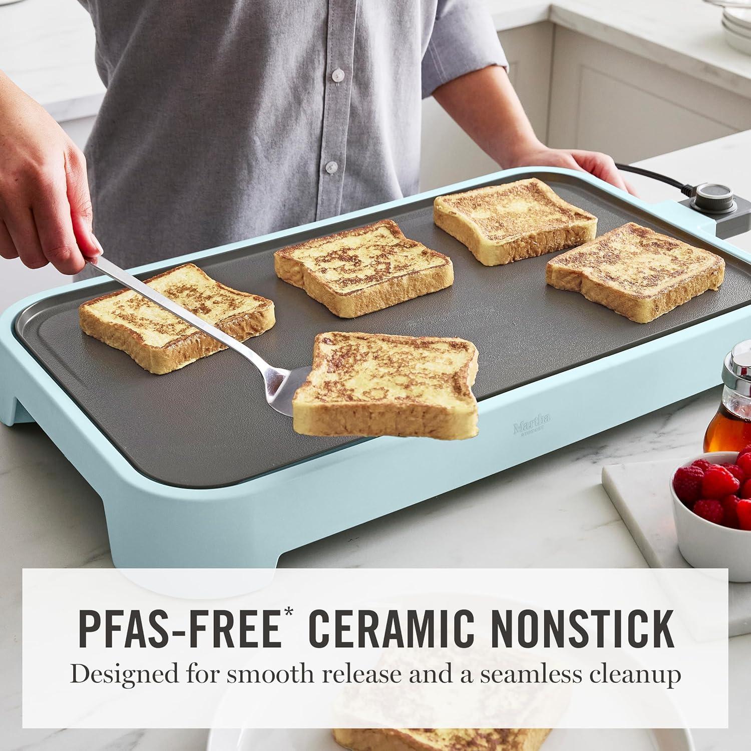 image:imageMartha Stewart 12 x 22 Electric Griddle XL Ceramic NonstickFlat Top Cooking Surface Adjustable Temperature Dial Drip Tray Dishwasher Safe 1500W Fast Even Heating Pancakes amp Eggs Linen WhiteSky Blue