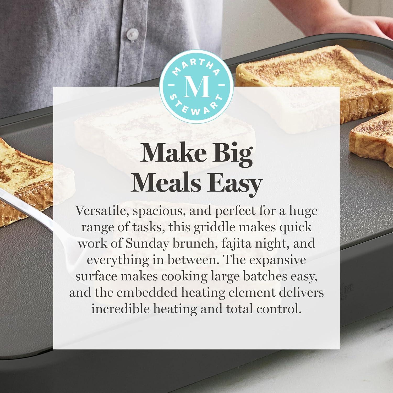 image:imageMartha Stewart 12 x 22 Electric Griddle XL Ceramic NonstickFlat Top Cooking Surface Adjustable Temperature Dial Drip Tray Dishwasher Safe 1500W Fast Even Heating Pancakes amp Eggs Linen WhiteCaviar Gray