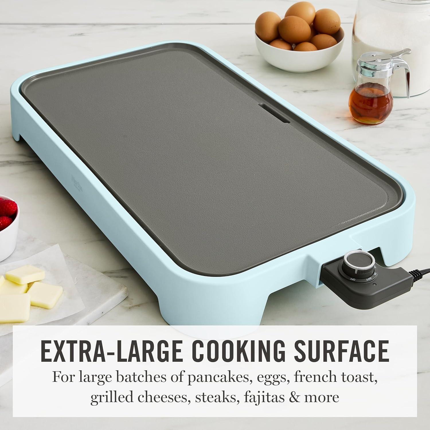 image:imageMartha Stewart 12 x 22 Electric Griddle XL Ceramic NonstickFlat Top Cooking Surface Adjustable Temperature Dial Drip Tray Dishwasher Safe 1500W Fast Even Heating Pancakes amp Eggs Linen WhiteSky Blue