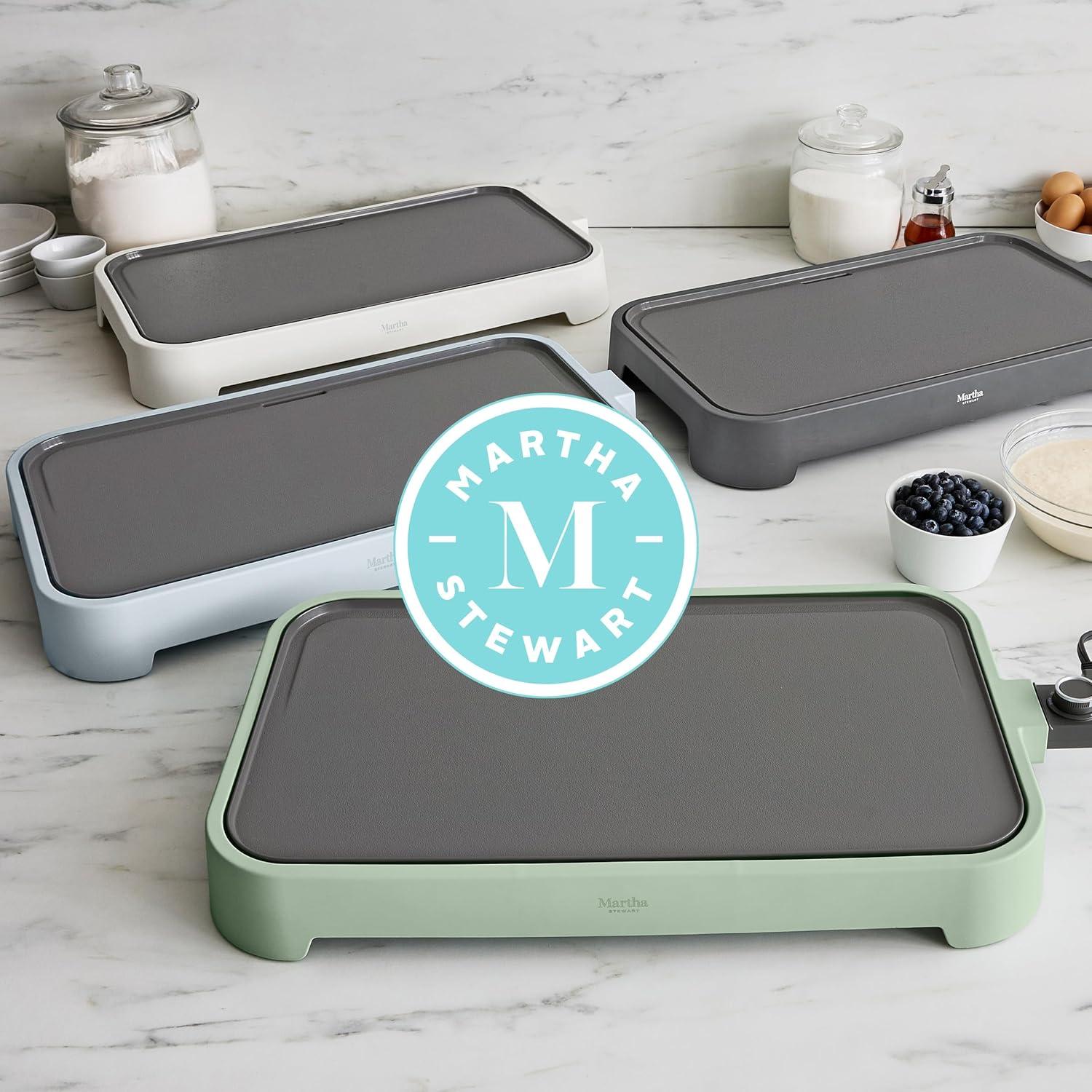 image:imageMartha Stewart 12 x 22 Electric Griddle XL Ceramic NonstickFlat Top Cooking Surface Adjustable Temperature Dial Drip Tray Dishwasher Safe 1500W Fast Even Heating Pancakes amp Eggs Linen WhiteHoneydew Green