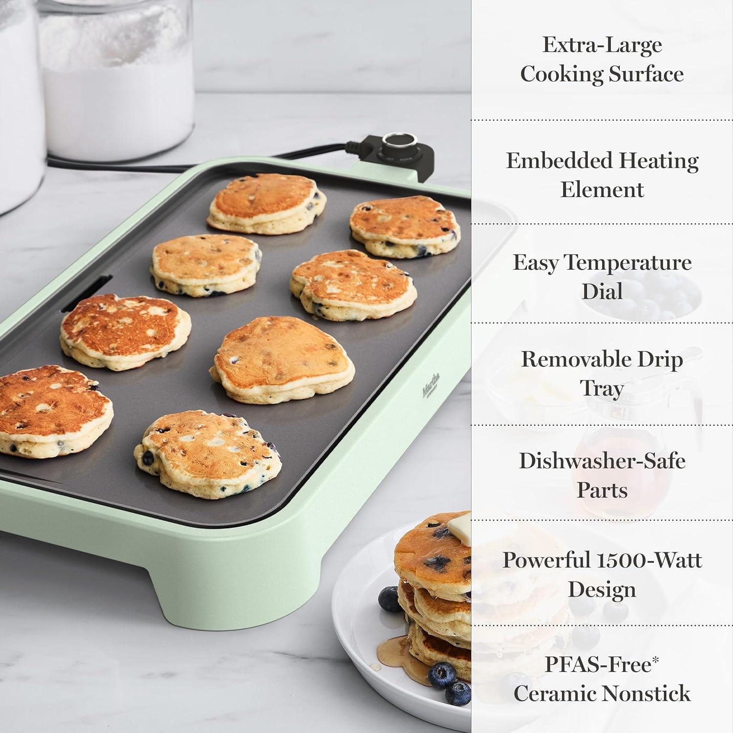 image:imageMartha Stewart 12 x 22 Electric Griddle XL Ceramic NonstickFlat Top Cooking Surface Adjustable Temperature Dial Drip Tray Dishwasher Safe 1500W Fast Even Heating Pancakes amp Eggs Linen WhiteHoneydew Green