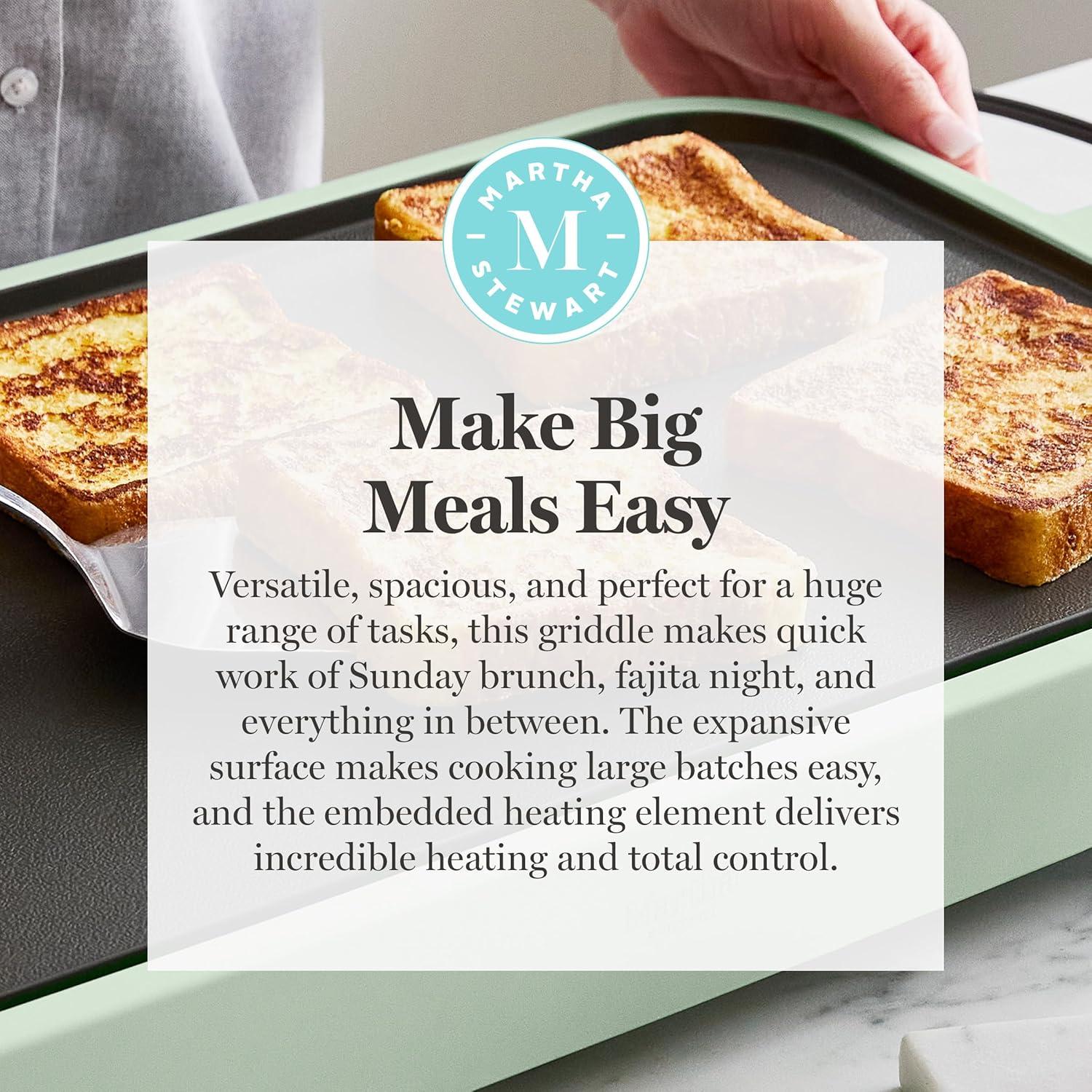 image:imageMartha Stewart 12 x 22 Electric Griddle XL Ceramic NonstickFlat Top Cooking Surface Adjustable Temperature Dial Drip Tray Dishwasher Safe 1500W Fast Even Heating Pancakes amp Eggs Linen WhiteHoneydew Green