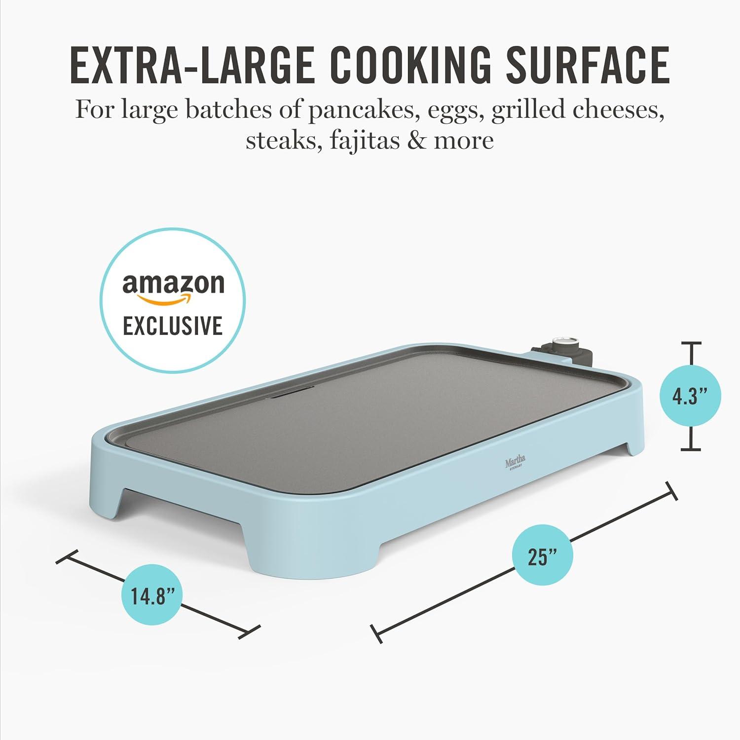 image:imageMartha Stewart 12 x 22 Electric Griddle XL Ceramic NonstickFlat Top Cooking Surface Adjustable Temperature Dial Drip Tray Dishwasher Safe 1500W Fast Even Heating Pancakes amp Eggs Linen WhiteSky Blue