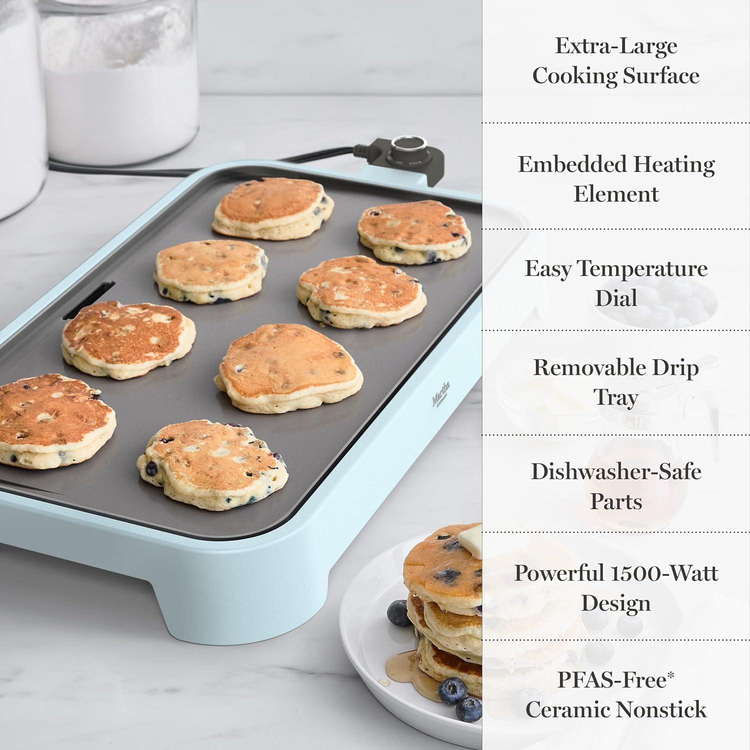 image:imageMartha Stewart 12 x 22 Electric Griddle XL Ceramic NonstickFlat Top Cooking Surface Adjustable Temperature Dial Drip Tray Dishwasher Safe 1500W Fast Even Heating Pancakes amp Eggs Linen WhiteSky Blue
