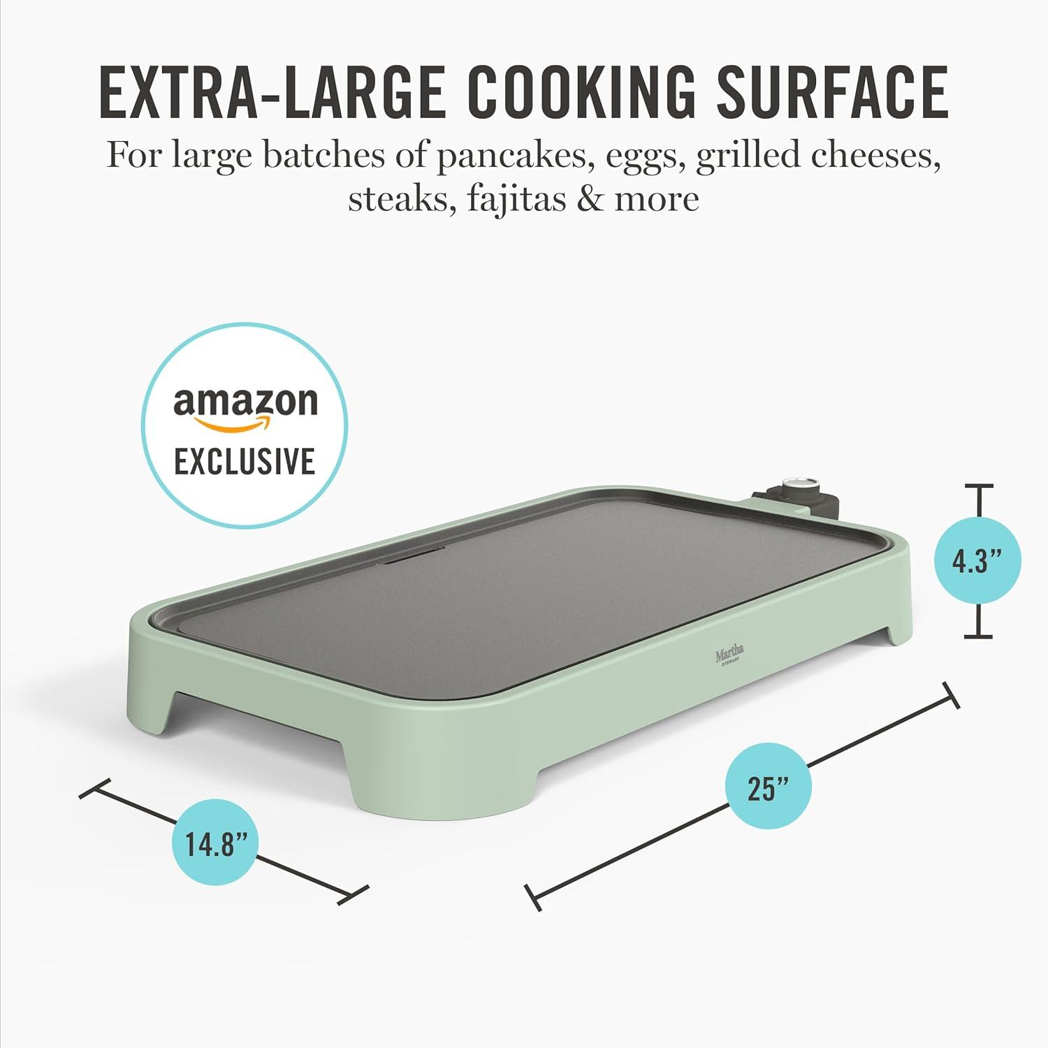 image:imageMartha Stewart 12 x 22 Electric Griddle XL Ceramic NonstickFlat Top Cooking Surface Adjustable Temperature Dial Drip Tray Dishwasher Safe 1500W Fast Even Heating Pancakes amp Eggs Linen WhiteHoneydew Green