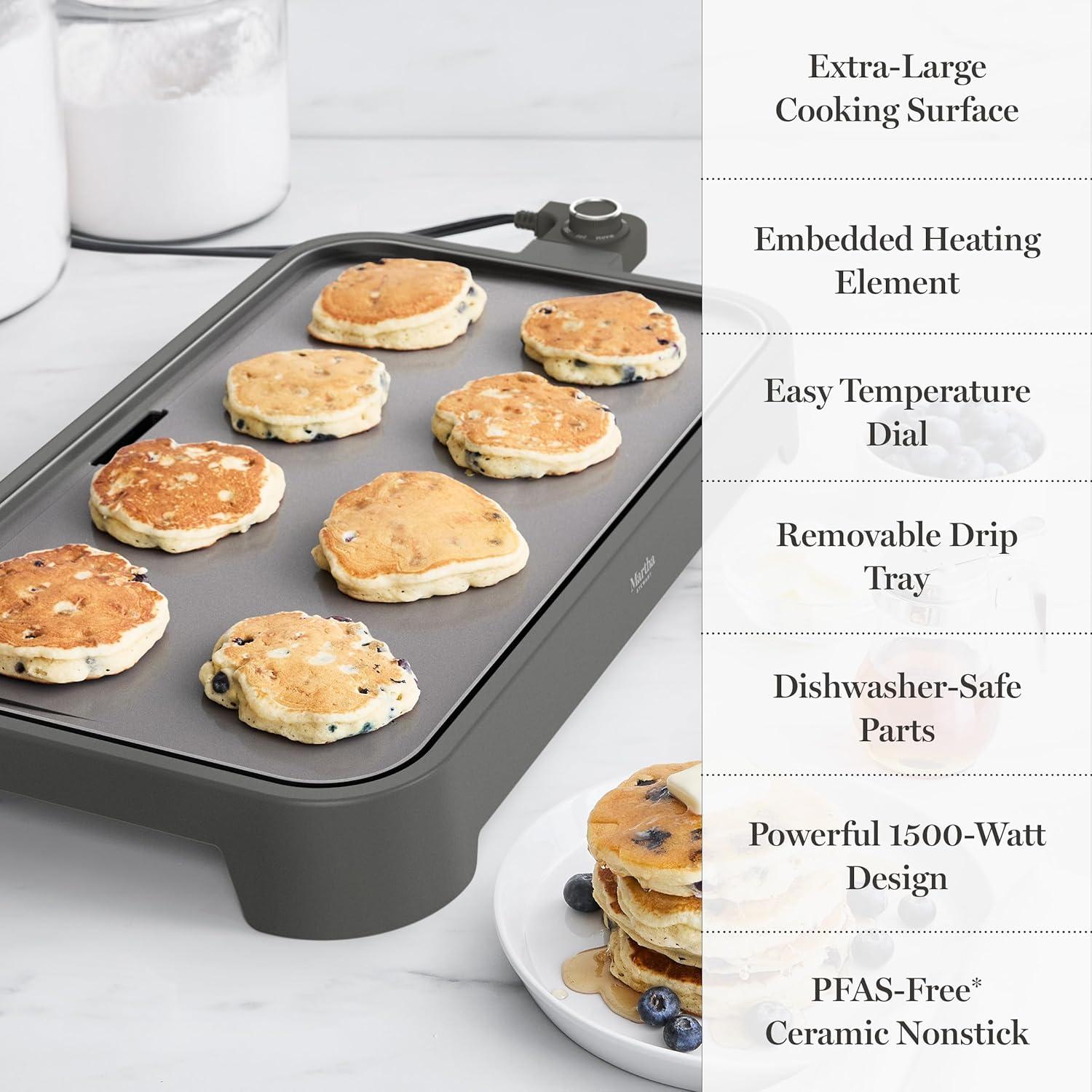 image:imageMartha Stewart 12 x 22 Electric Griddle XL Ceramic NonstickFlat Top Cooking Surface Adjustable Temperature Dial Drip Tray Dishwasher Safe 1500W Fast Even Heating Pancakes amp Eggs Linen WhiteCaviar Gray