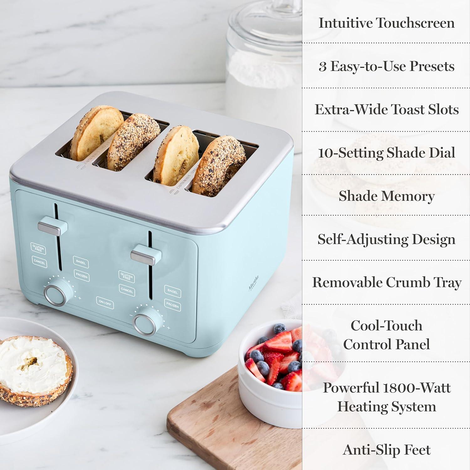 image:imageMartha Stewart 4 Slice Toaster 10 Shade Settings with Defrost Cancel Bagel amp GlutenFree ExtraWide SelfCentering Slots for Waffles amp Artisan Bread Removable Crumb Tray Cord Wrap 1800W LinenSky Blue