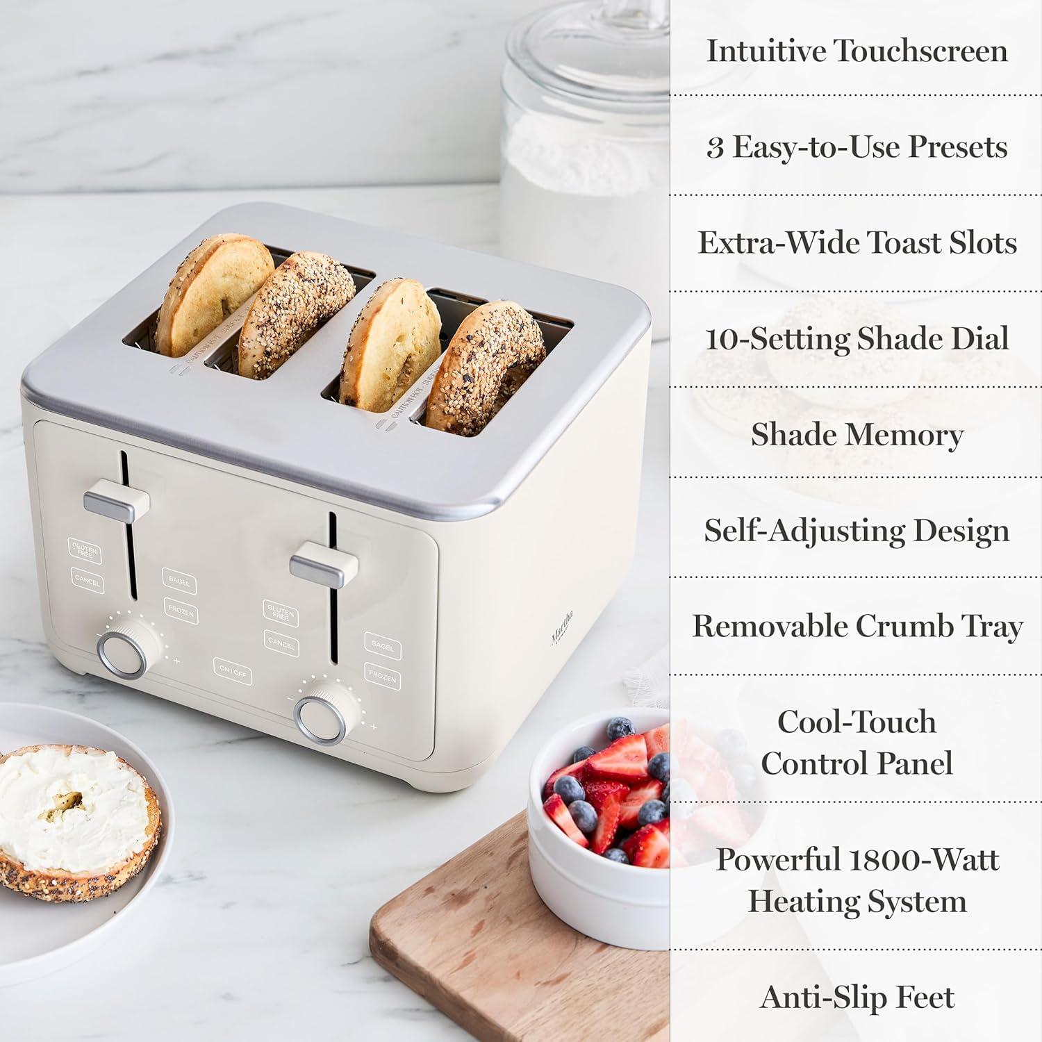 image:imageMartha Stewart 4 Slice Toaster 10 Shade Settings with Defrost Cancel Bagel amp GlutenFree ExtraWide SelfCentering Slots for Waffles amp Artisan Bread Removable Crumb Tray Cord Wrap 1800W LinenLinen White