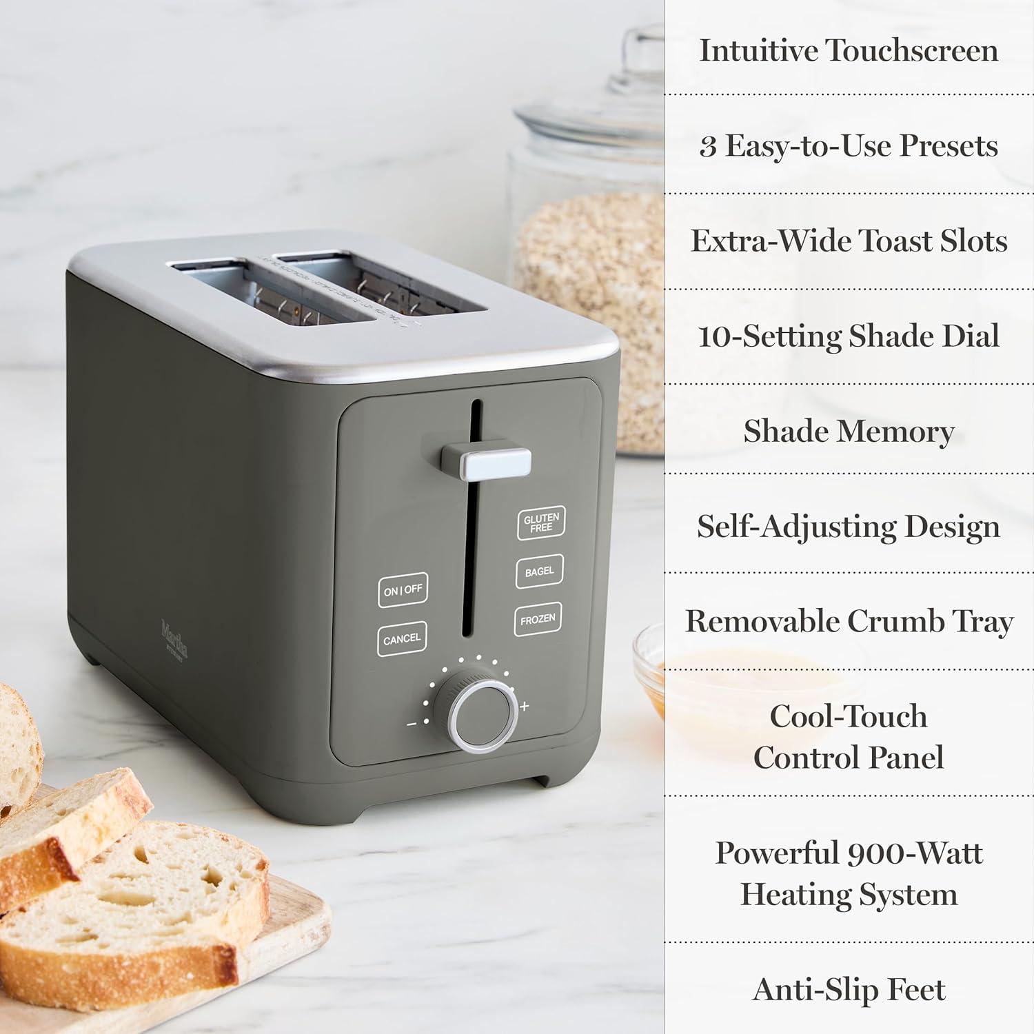 image:imageMartha Stewart 4 Slice Toaster 10 Shade Settings with Defrost Cancel Bagel amp GlutenFree ExtraWide SelfCentering Slots for Waffles amp Artisan Bread Removable Crumb Tray Cord Wrap 1800W LinenCaviar Gray