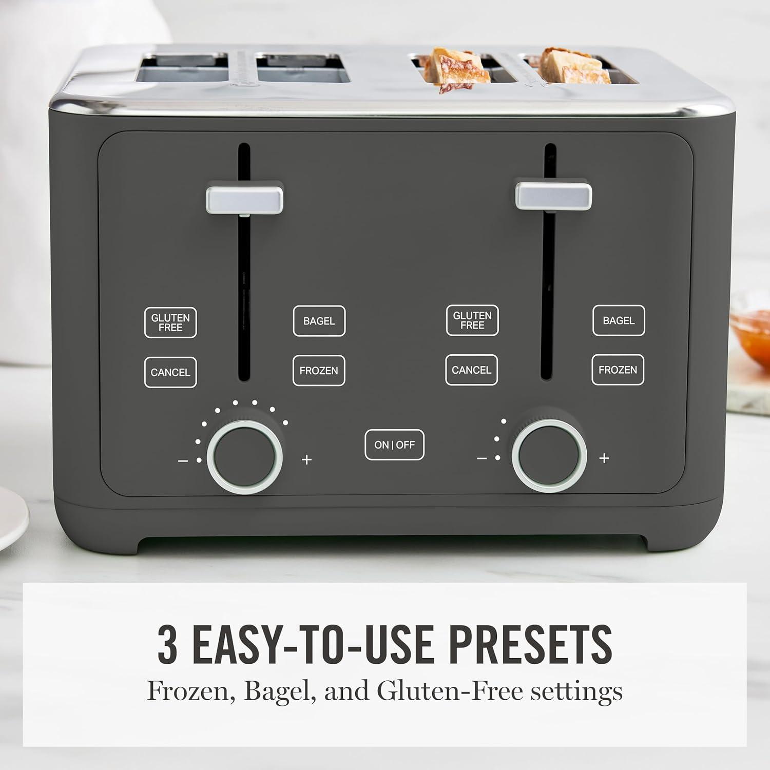 image:imageMartha Stewart 4 Slice Toaster 10 Shade Settings with Defrost Cancel Bagel amp GlutenFree ExtraWide SelfCentering Slots for Waffles amp Artisan Bread Removable Crumb Tray Cord Wrap 1800W LinenCaviar Gray