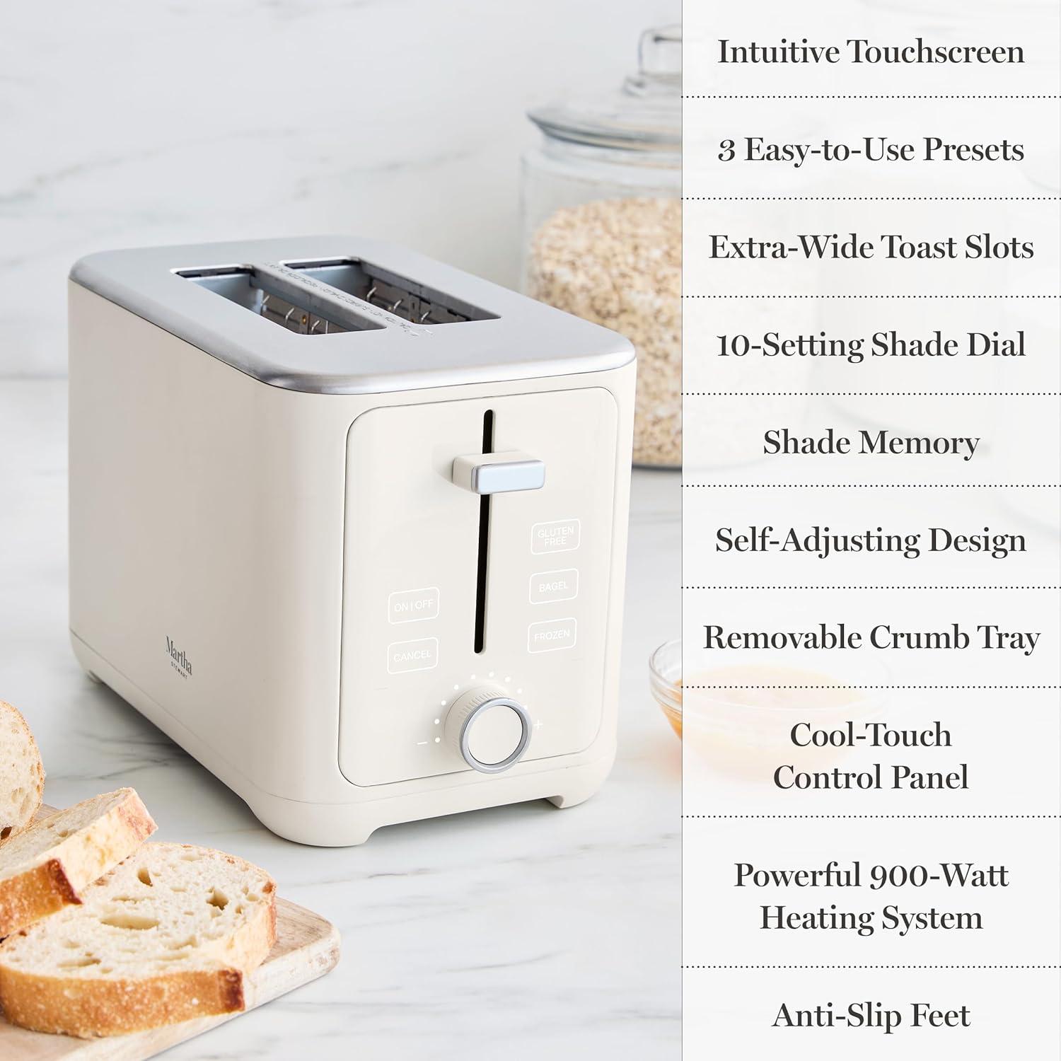 image:imageMartha Stewart 4 Slice Toaster 10 Shade Settings with Defrost Cancel Bagel amp GlutenFree ExtraWide SelfCentering Slots for Waffles amp Artisan Bread Removable Crumb Tray Cord Wrap 1800W LinenLinen White