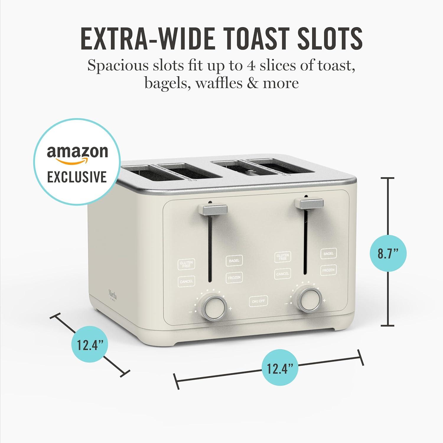 image:imageMartha Stewart 4 Slice Toaster 10 Shade Settings with Defrost Cancel Bagel amp GlutenFree ExtraWide SelfCentering Slots for Waffles amp Artisan Bread Removable Crumb Tray Cord Wrap 1800W LinenLinen White