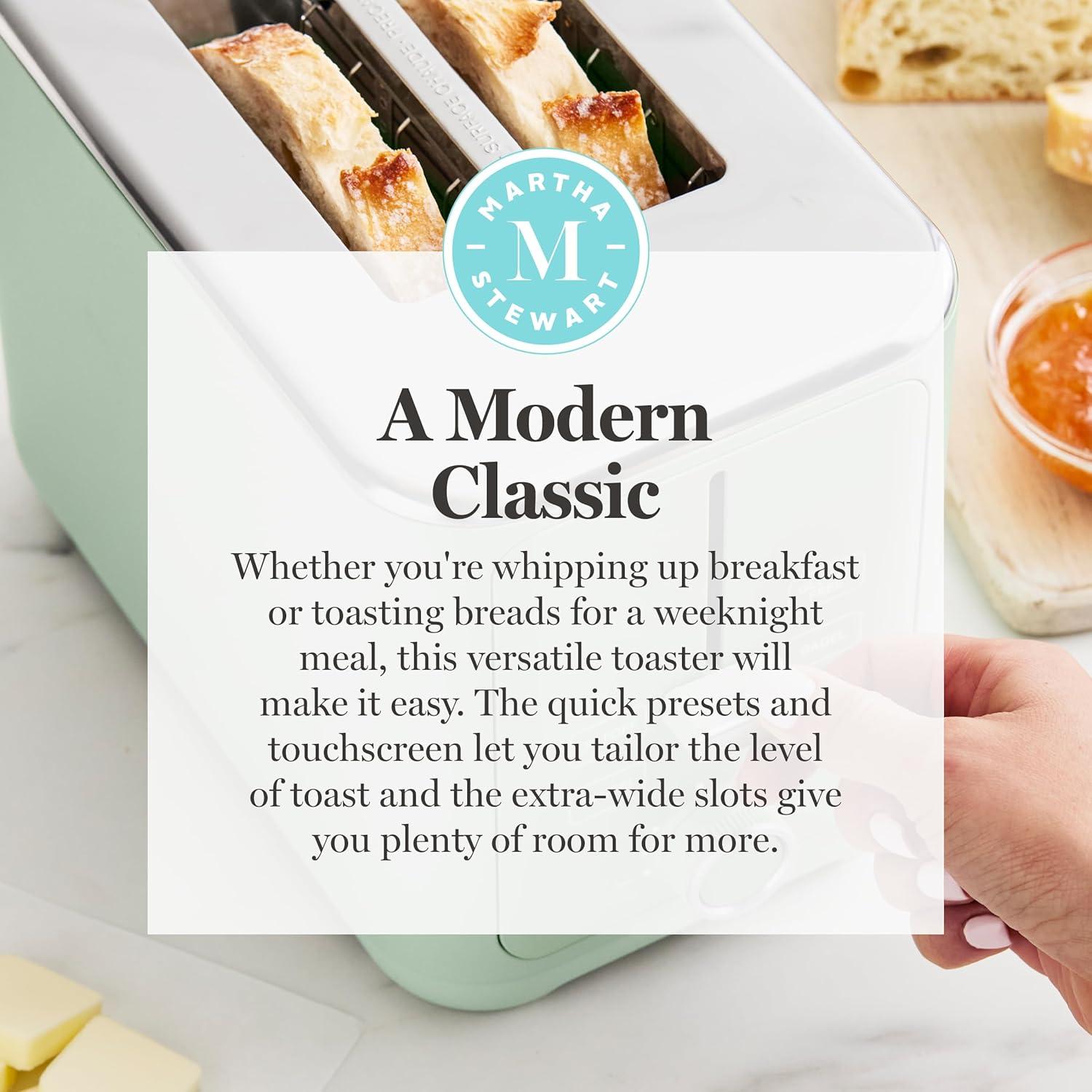 image:imageMartha Stewart 4 Slice Toaster 10 Shade Settings with Defrost Cancel Bagel amp GlutenFree ExtraWide SelfCentering Slots for Waffles amp Artisan Bread Removable Crumb Tray Cord Wrap 1800W LinenHoneydew Green