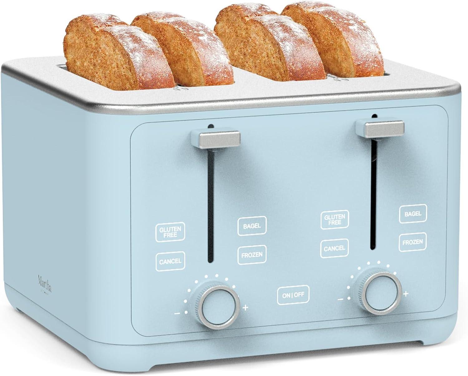 image:imageMartha Stewart 4 Slice Toaster 10 Shade Settings with Defrost Cancel Bagel amp GlutenFree ExtraWide SelfCentering Slots for Waffles amp Artisan Bread Removable Crumb Tray Cord Wrap 1800W LinenSky Blue