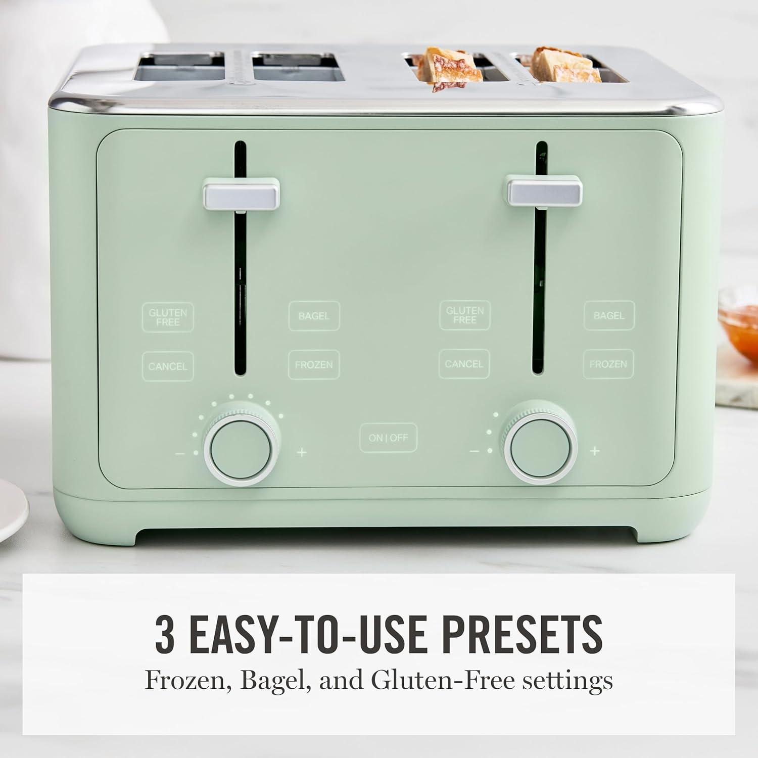 image:imageMartha Stewart 4 Slice Toaster 10 Shade Settings with Defrost Cancel Bagel amp GlutenFree ExtraWide SelfCentering Slots for Waffles amp Artisan Bread Removable Crumb Tray Cord Wrap 1800W LinenHoneydew Green
