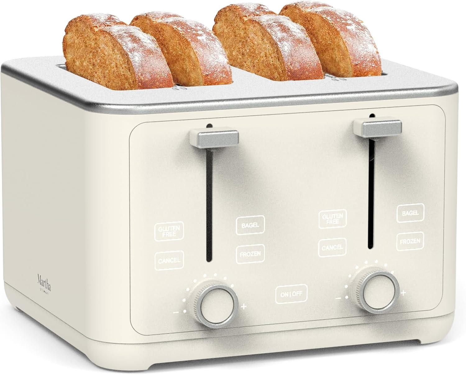 image:imageMartha Stewart 4 Slice Toaster 10 Shade Settings with Defrost Cancel Bagel amp GlutenFree ExtraWide SelfCentering Slots for Waffles amp Artisan Bread Removable Crumb Tray Cord Wrap 1800W LinenLinen White