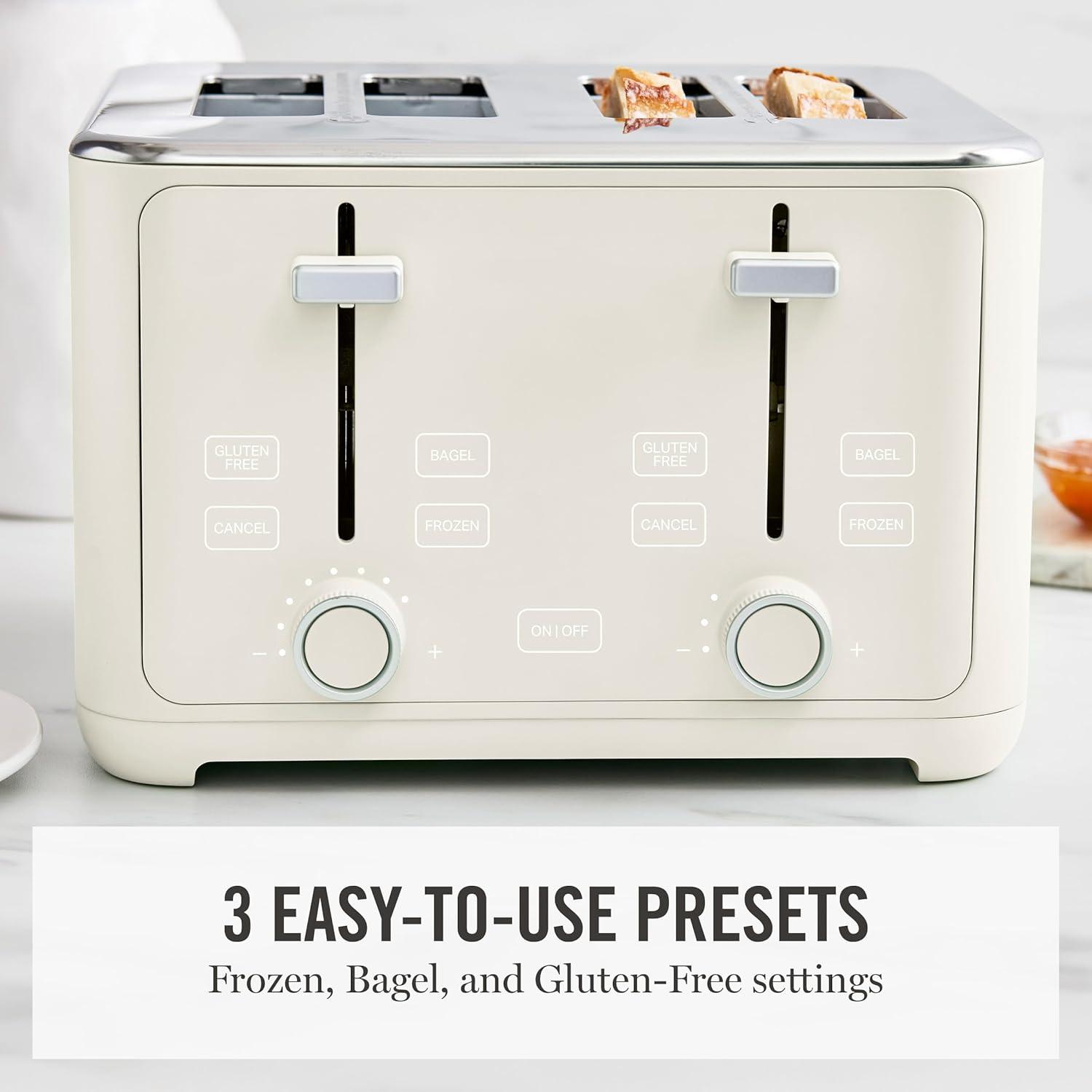 image:imageMartha Stewart 4 Slice Toaster 10 Shade Settings with Defrost Cancel Bagel amp GlutenFree ExtraWide SelfCentering Slots for Waffles amp Artisan Bread Removable Crumb Tray Cord Wrap 1800W LinenLinen White