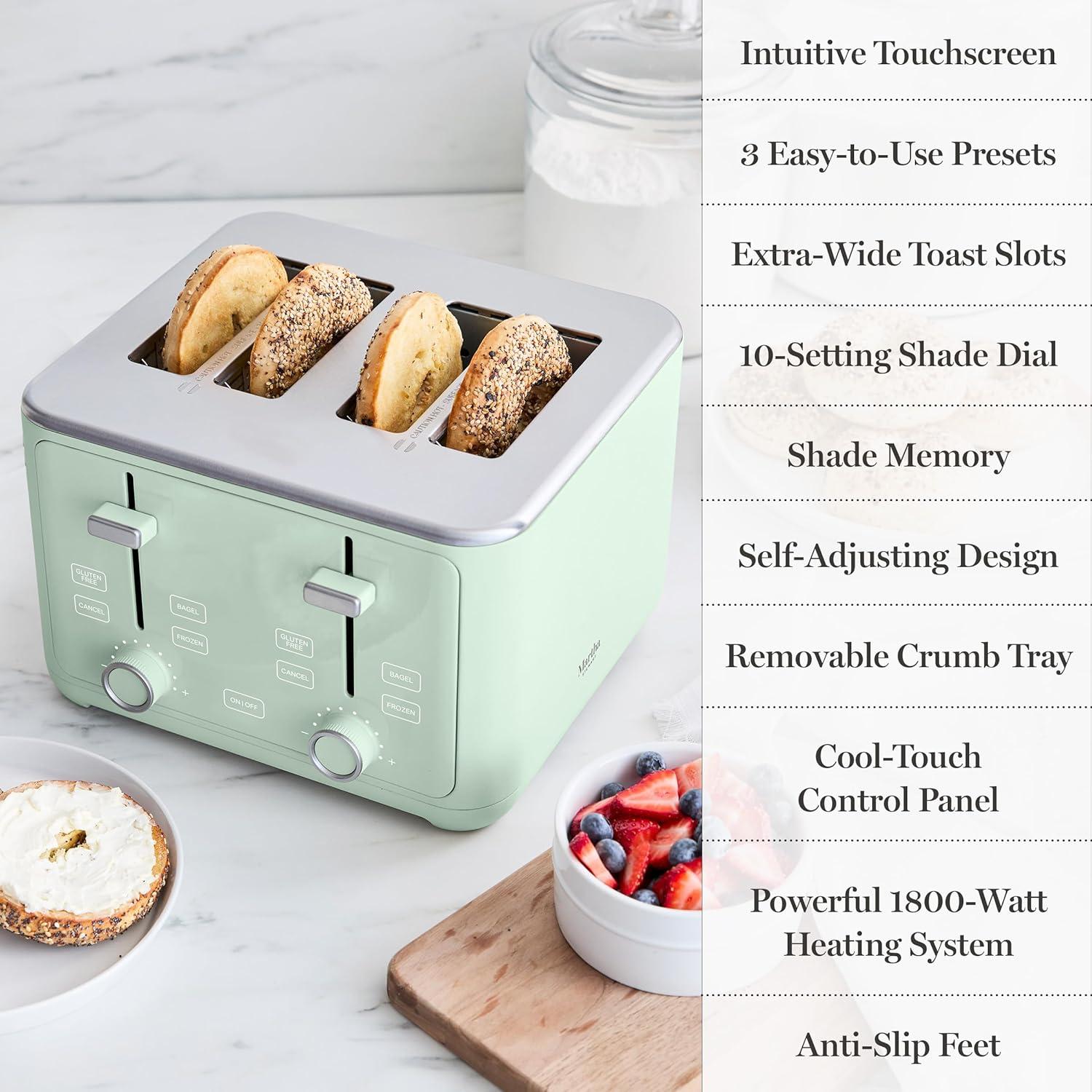 image:imageMartha Stewart 4 Slice Toaster 10 Shade Settings with Defrost Cancel Bagel amp GlutenFree ExtraWide SelfCentering Slots for Waffles amp Artisan Bread Removable Crumb Tray Cord Wrap 1800W LinenHoneydew Green