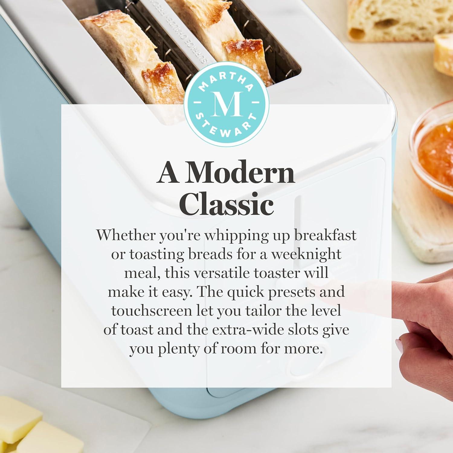 image:imageMartha Stewart 4 Slice Toaster 10 Shade Settings with Defrost Cancel Bagel amp GlutenFree ExtraWide SelfCentering Slots for Waffles amp Artisan Bread Removable Crumb Tray Cord Wrap 1800W LinenSky Blue