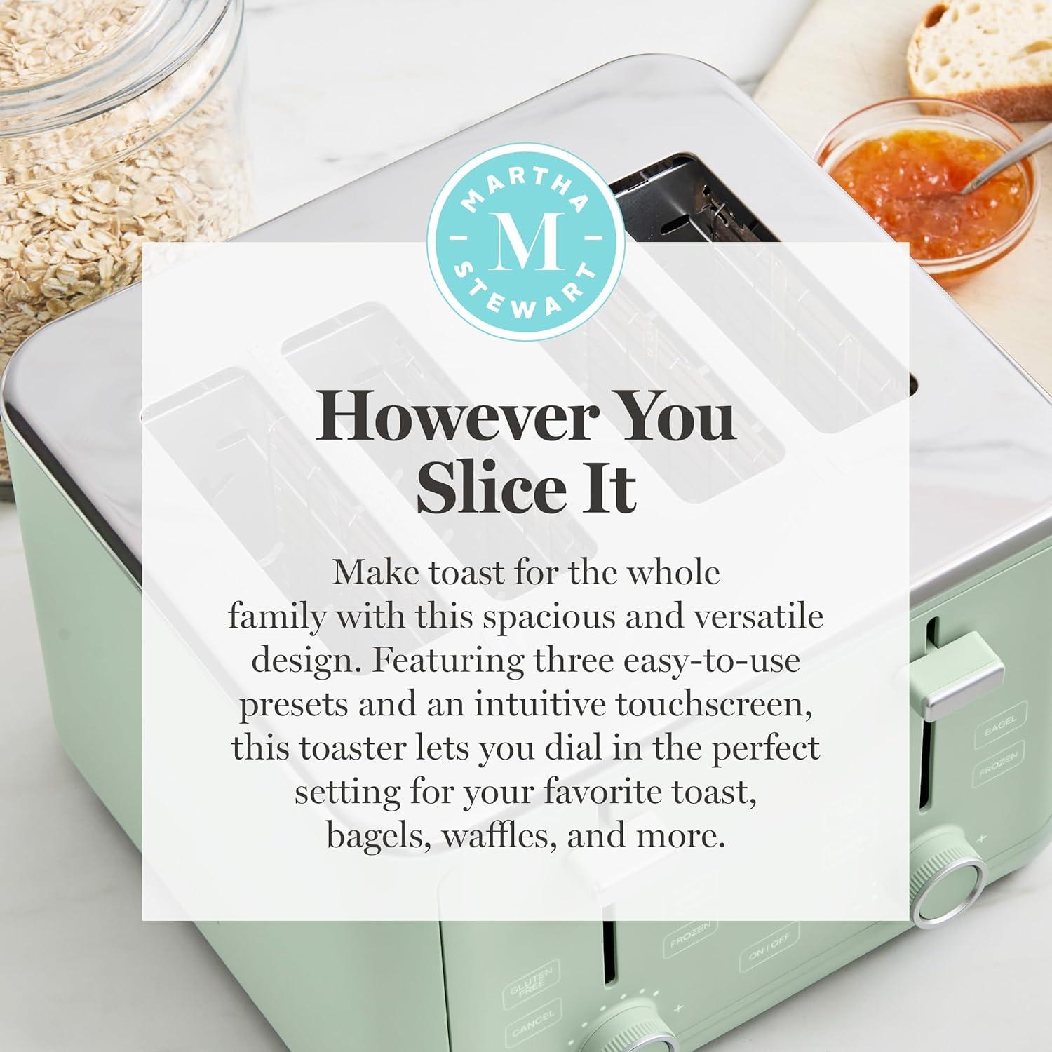 image:imageMartha Stewart 4 Slice Toaster 10 Shade Settings with Defrost Cancel Bagel amp GlutenFree ExtraWide SelfCentering Slots for Waffles amp Artisan Bread Removable Crumb Tray Cord Wrap 1800W LinenHoneydew Green